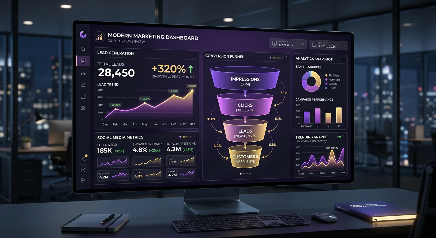 Dashboard marketing digital con crecimiento de leads